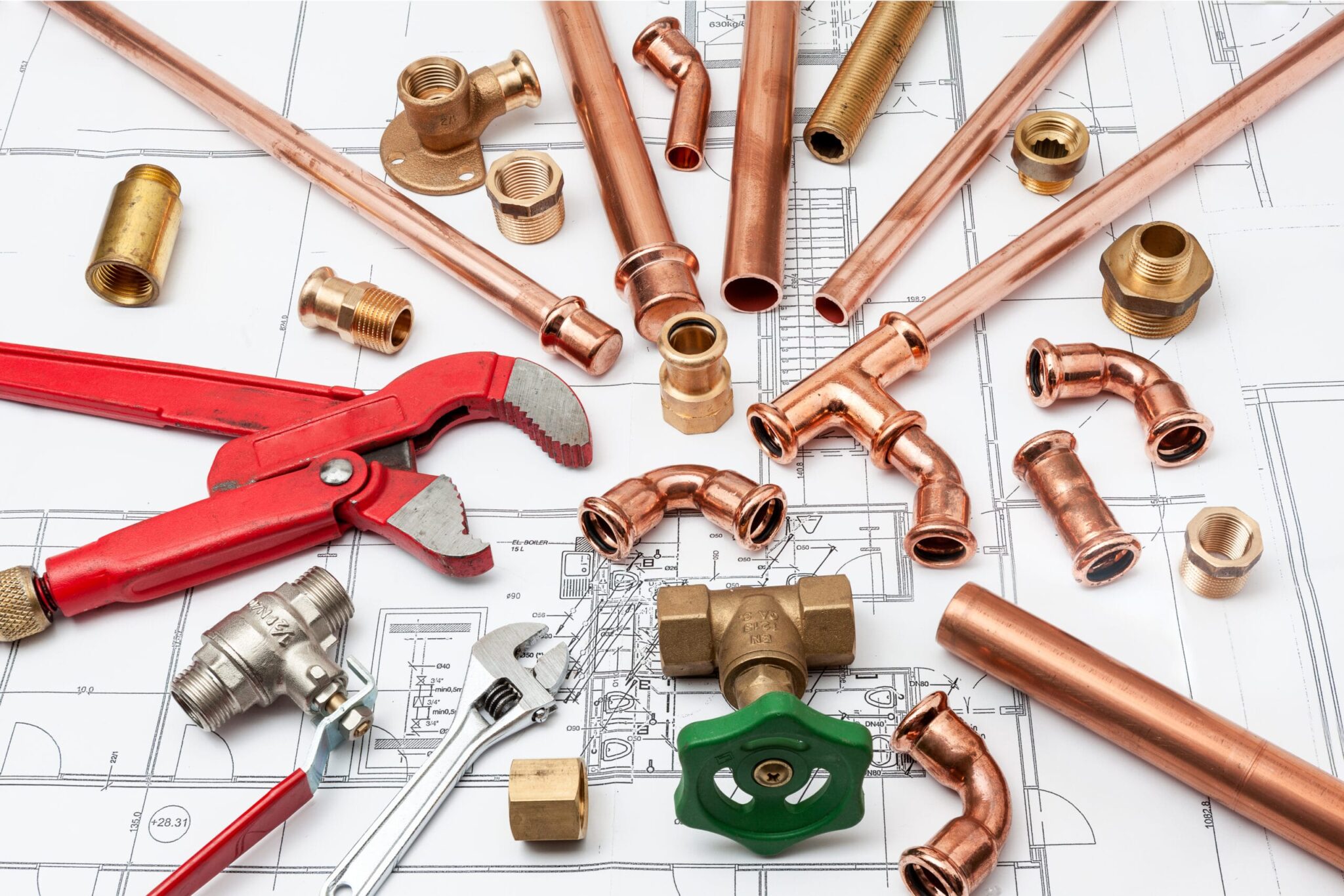 Copper pipes, fittings, valves, and plumbing tools in Oviedo