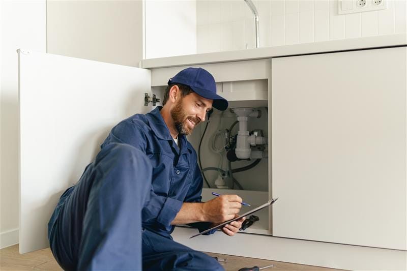 Residential plumber reviewing plumbing repairs in a Oviedo kitchen