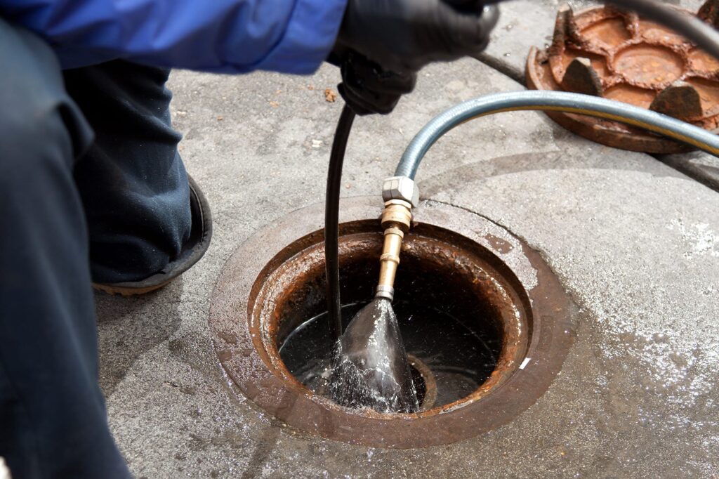 Plumber hydro jetting a sewer line through a manhole in Oviedo