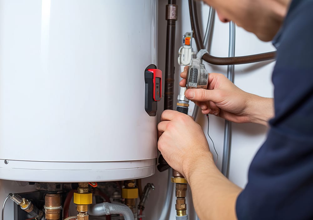 Technician repairing pipes connected to a water heater in Oviedo